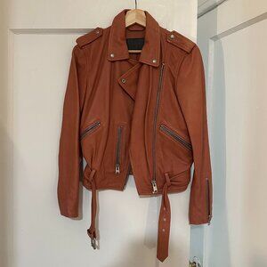 Pink All Saints Dalby Leather Jacket Slim Fit Mauve Biker Jacket